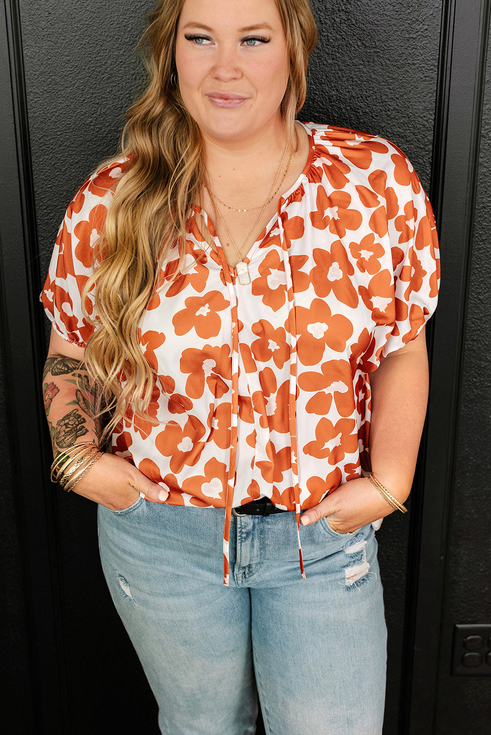 Orange Big Flower V Neck Short Sleeve Blouse