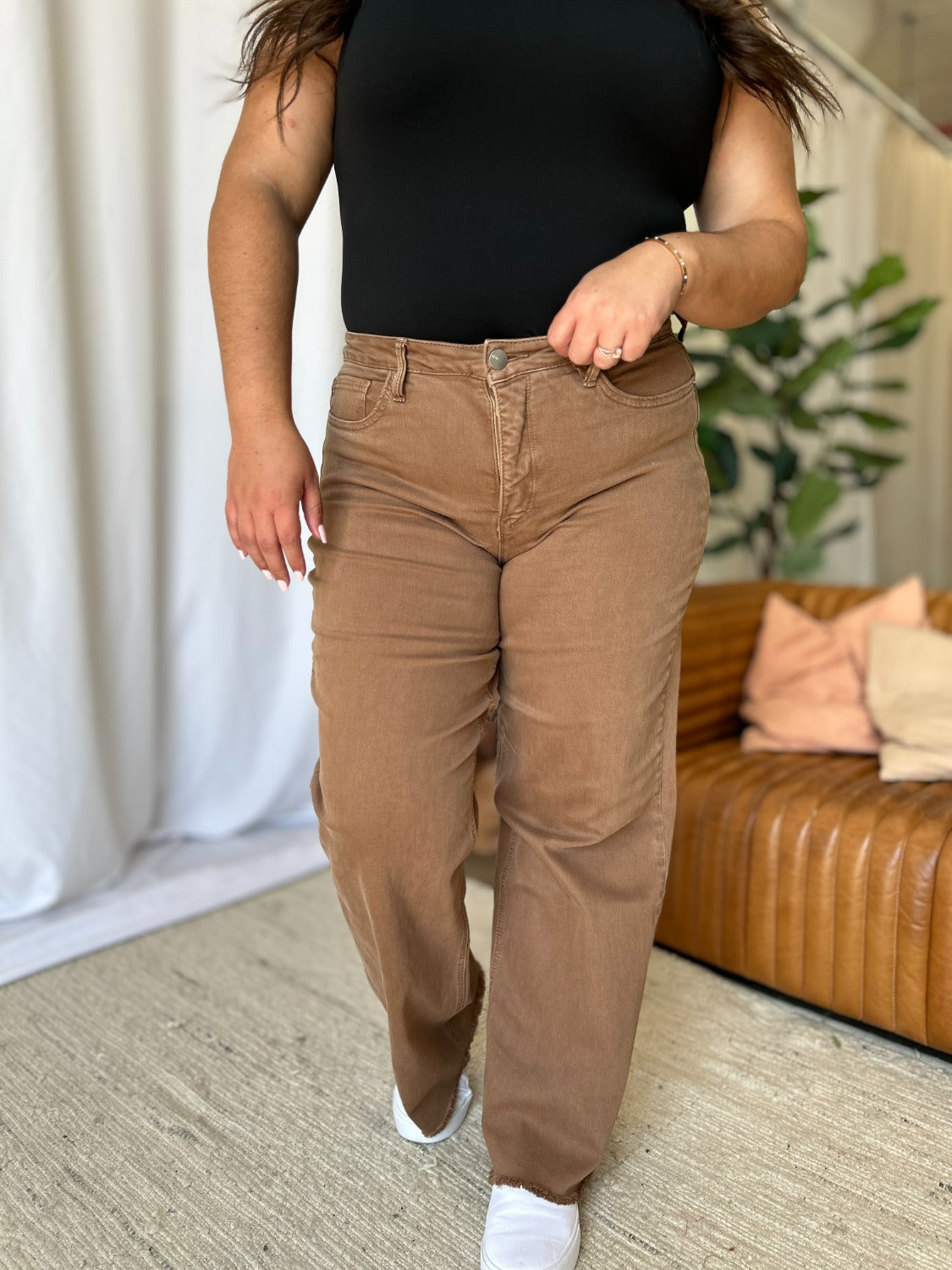 Brown Plus Size High Rise Wide Leg Jeans