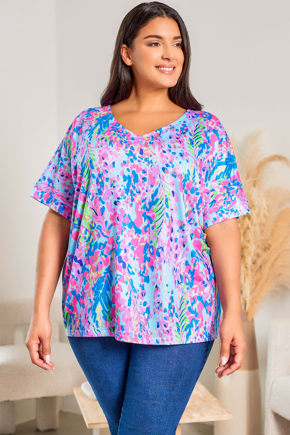 Multicolor Printed 3/4 Sleeve Split Neck Plus Size Tunic Top