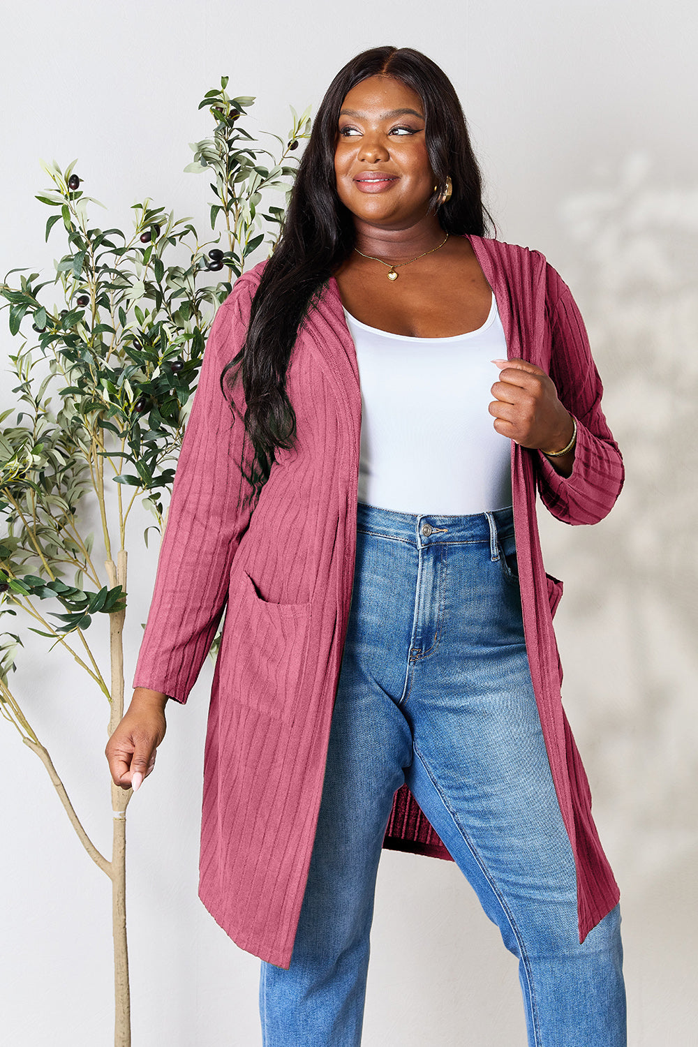 Plus Size Long Hooded Sweater Cardigan