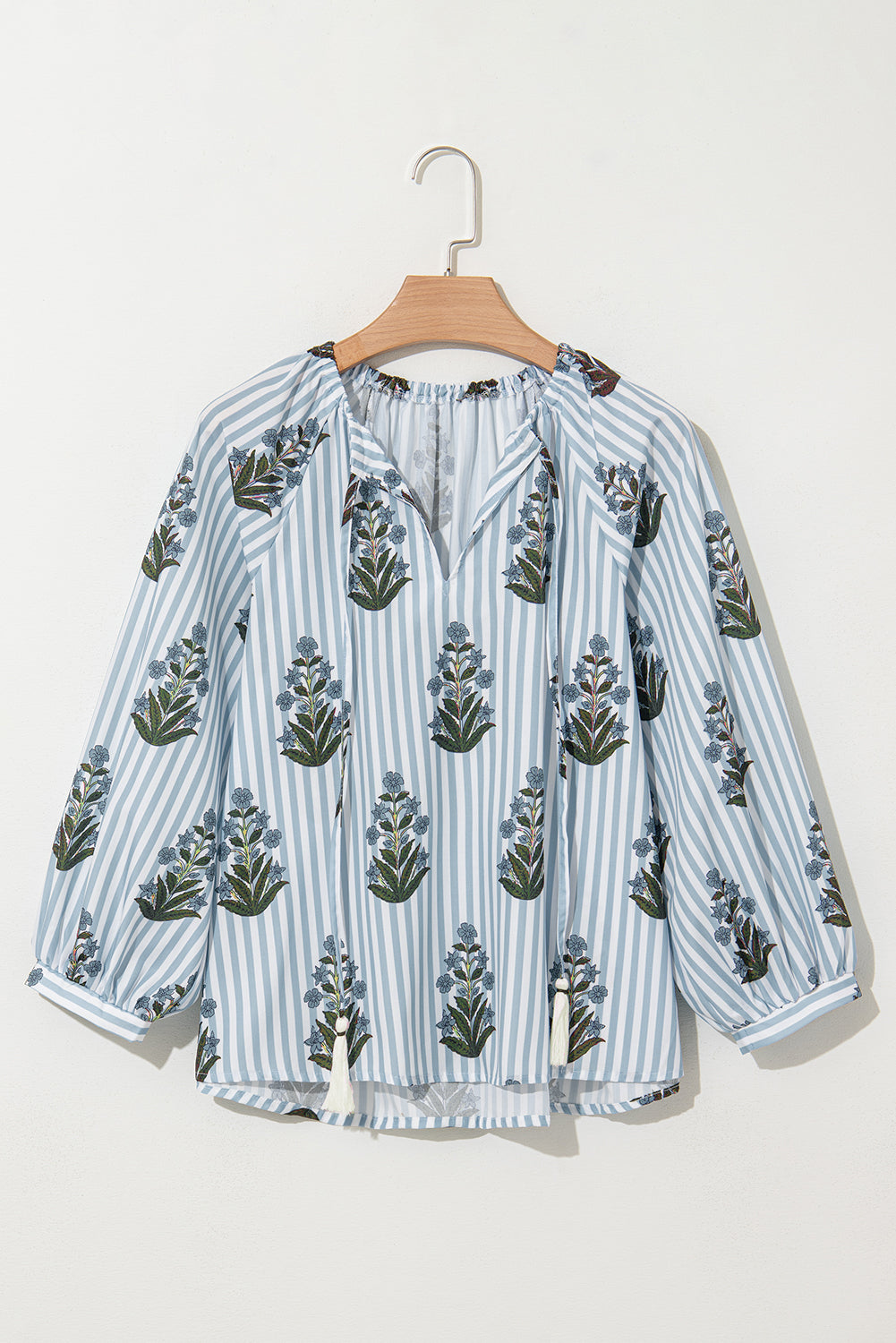Blue Striped Floral Long Sleeve V Neck Blouse