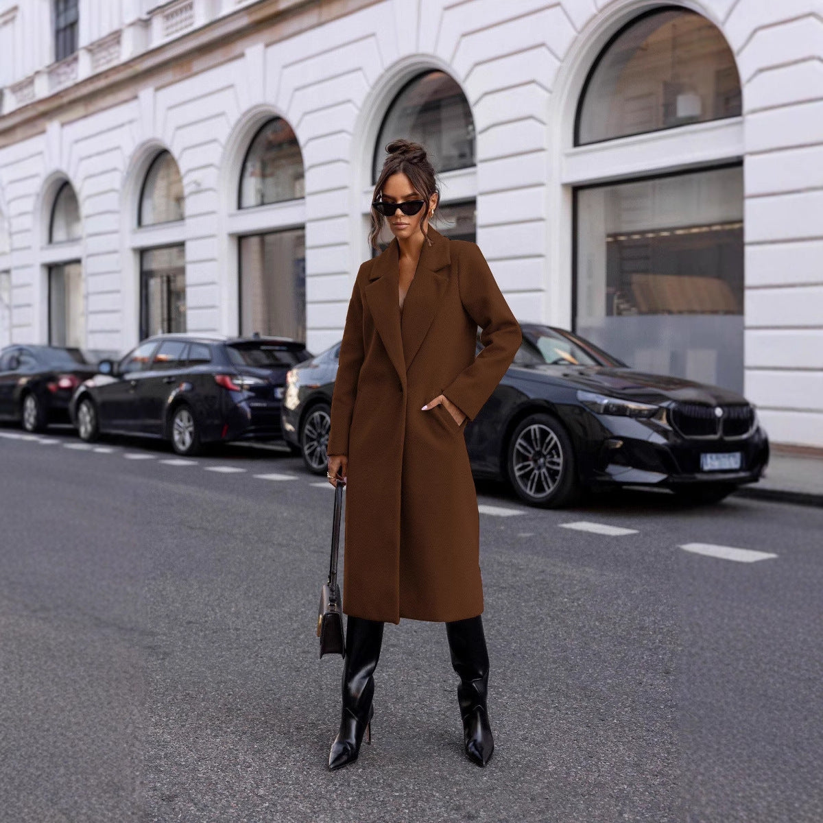 Classic Brown Mid-length Woolen Top Coat