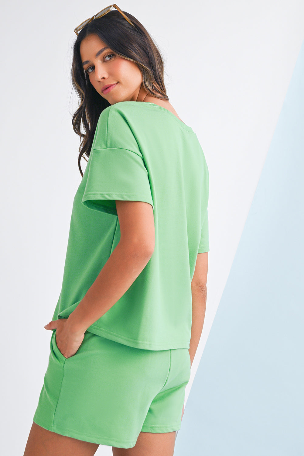 Mint Green V Neck Drop Shoulder Tee and Shorts Set