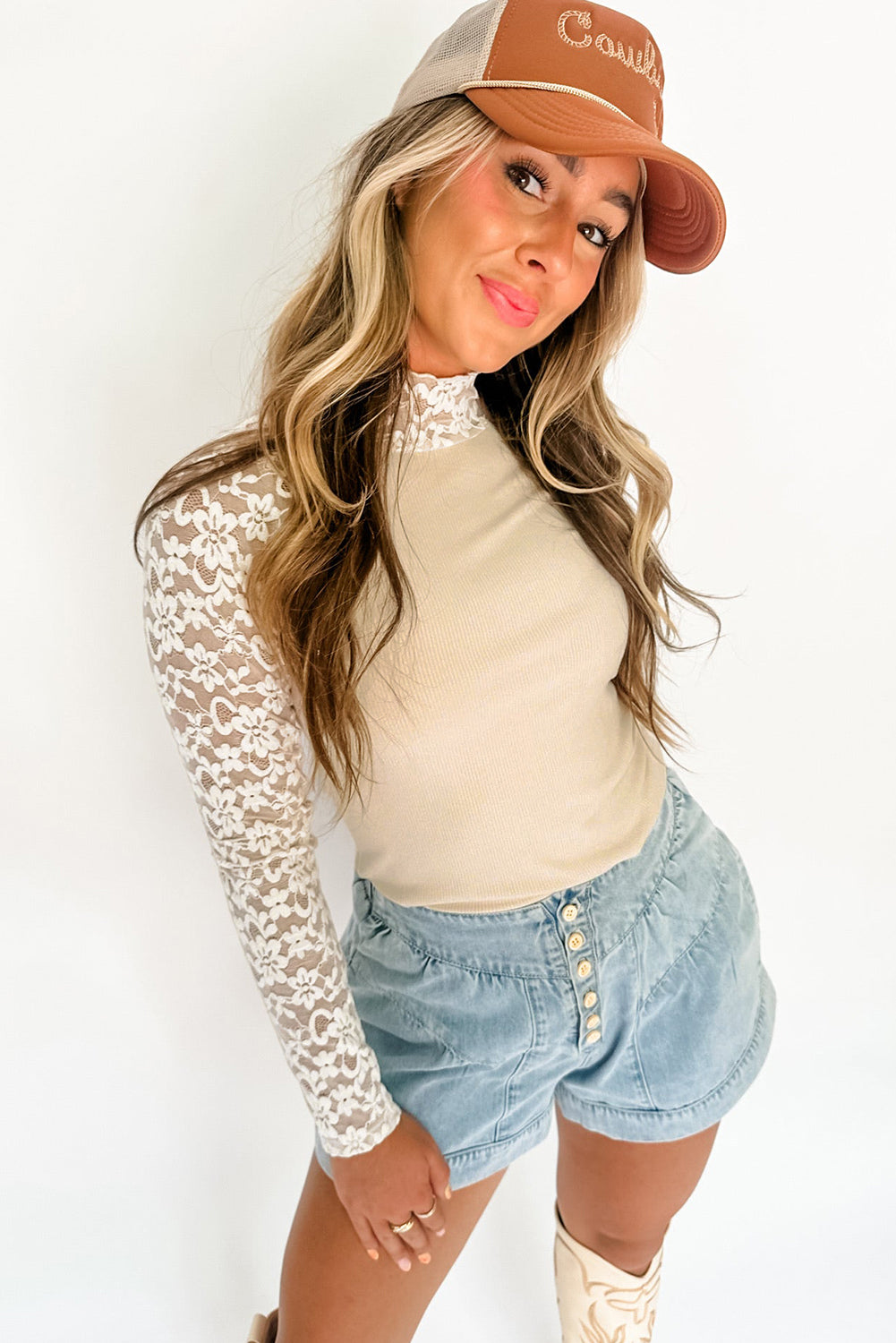Beige Floral Lace Patchwork Top
