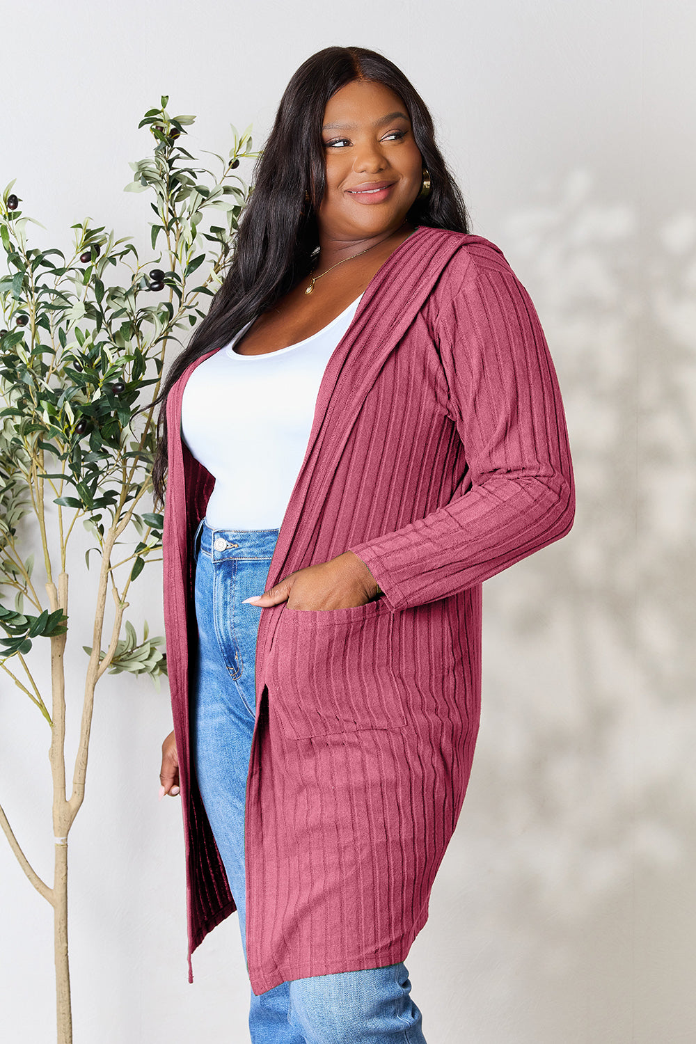 Plus Size Long Hooded Sweater Cardigan