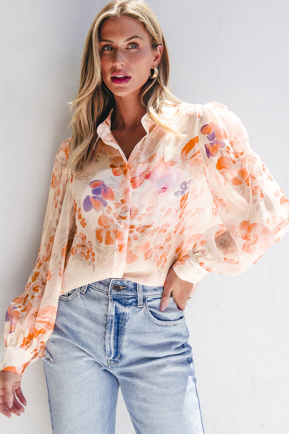 White Floral Long Balloon Sleeve Loose Blouse