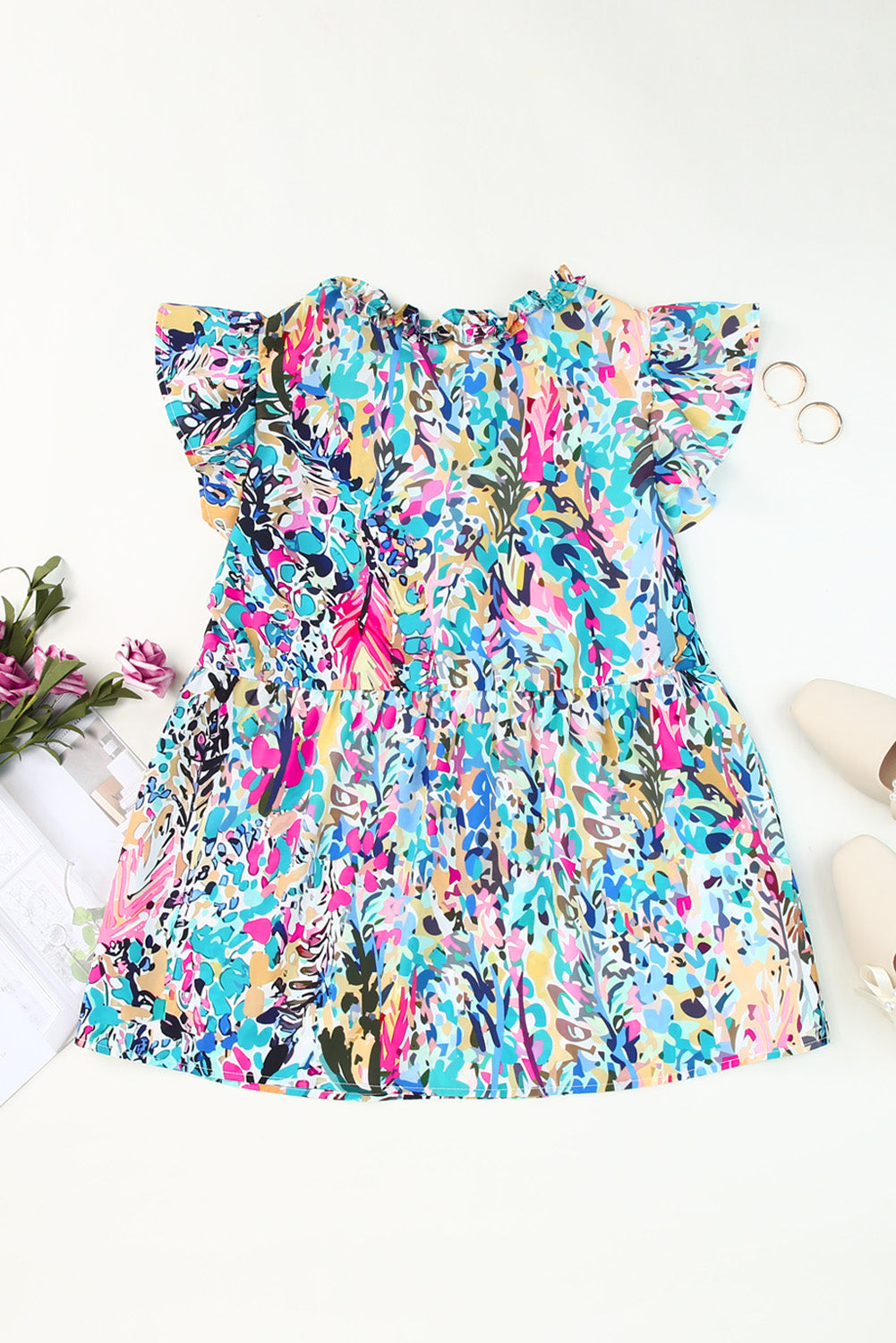 Multicolor Printed 3/4 Sleeve Split Neck Plus Size Tunic Top