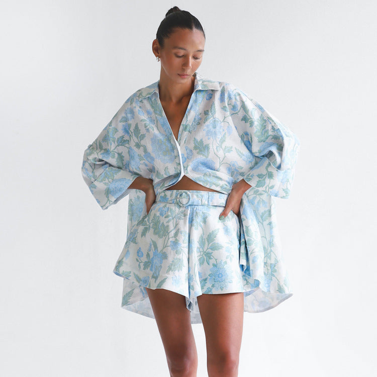 Blue Flower Loose Long Shirt Dress with Wide Leg Belted Shorts Set