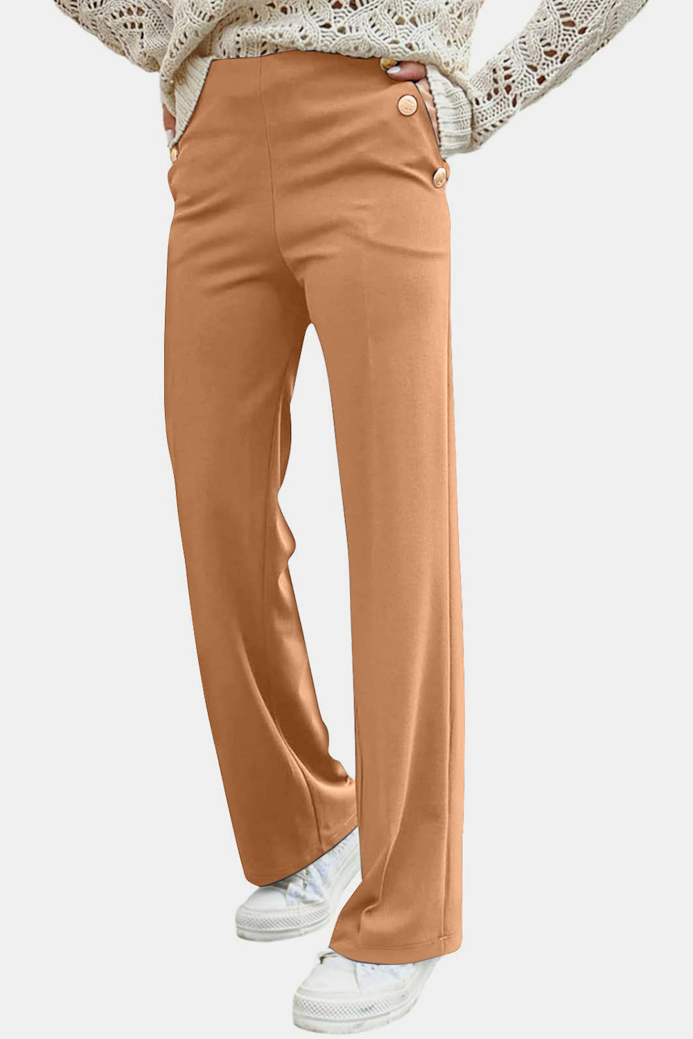 Decorative Side Button High Rise Pants