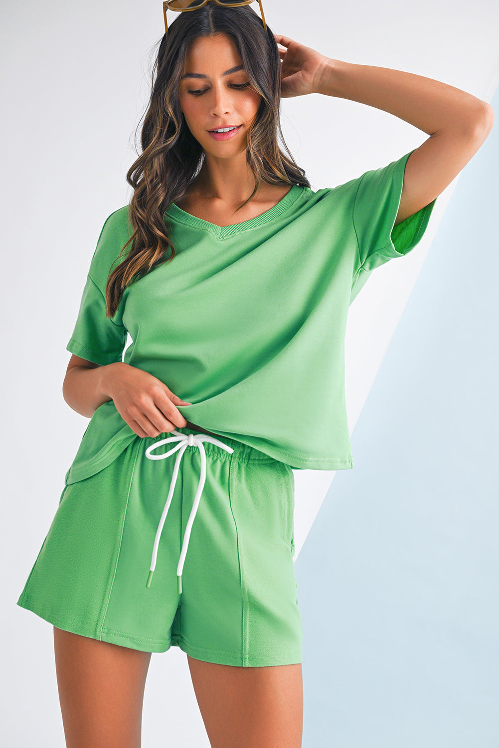 Mint Green V Neck Drop Shoulder Tee and Shorts Set