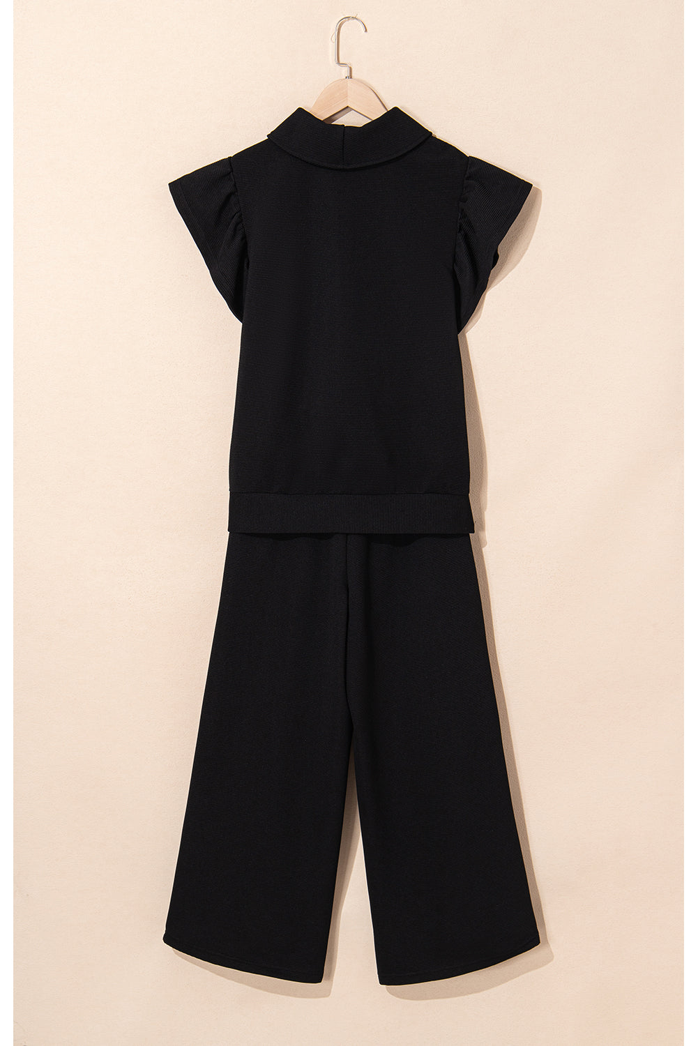 Black Textured Flutter Sleeve Zipped Top and Wide Leg Capris Set