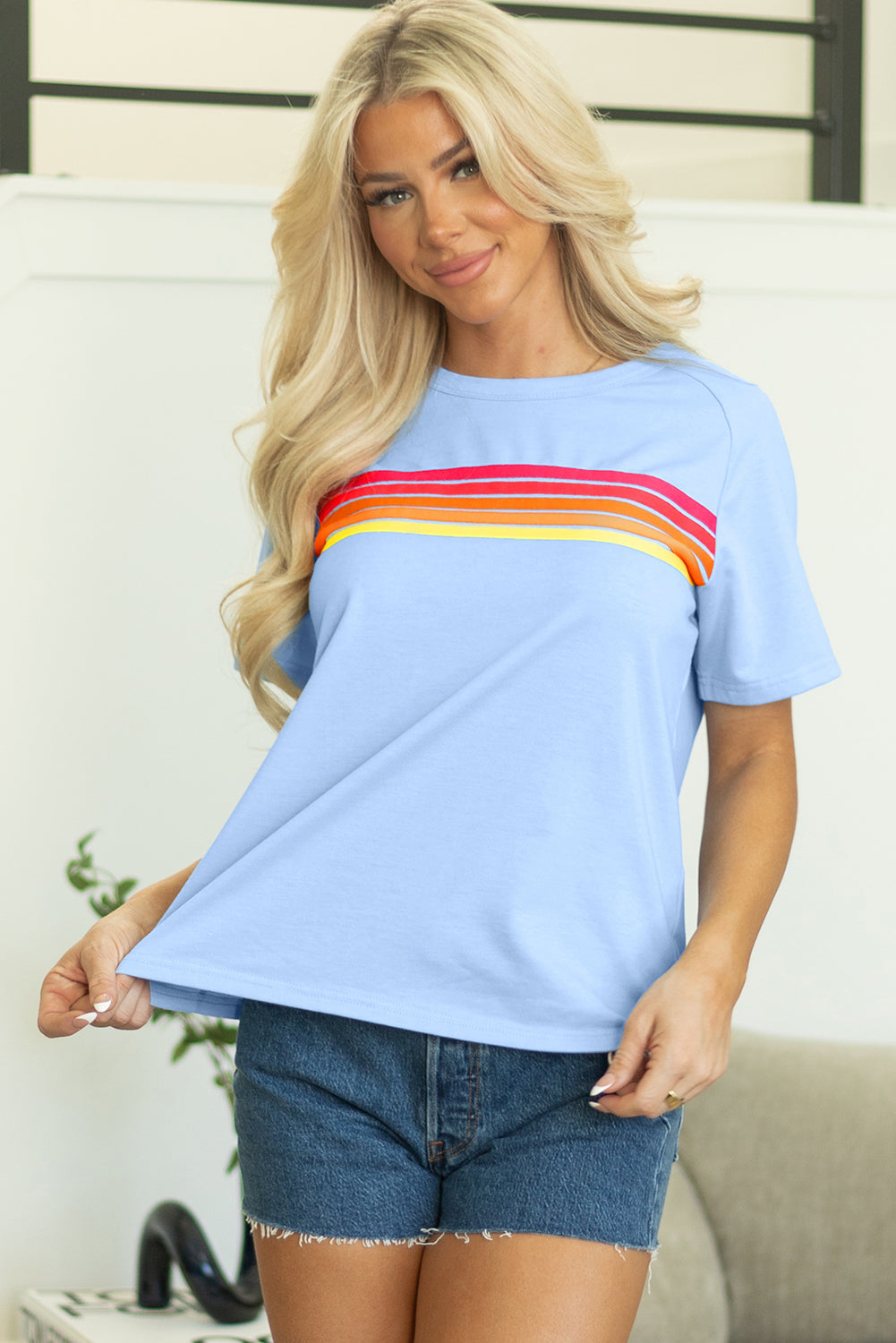 Light Blue Striped Front Casual Tee