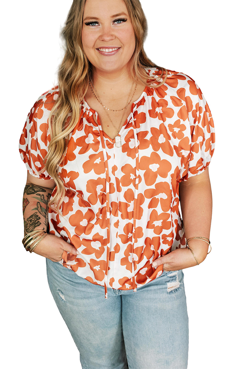 Orange Big Flower V Neck Short Sleeve Blouse