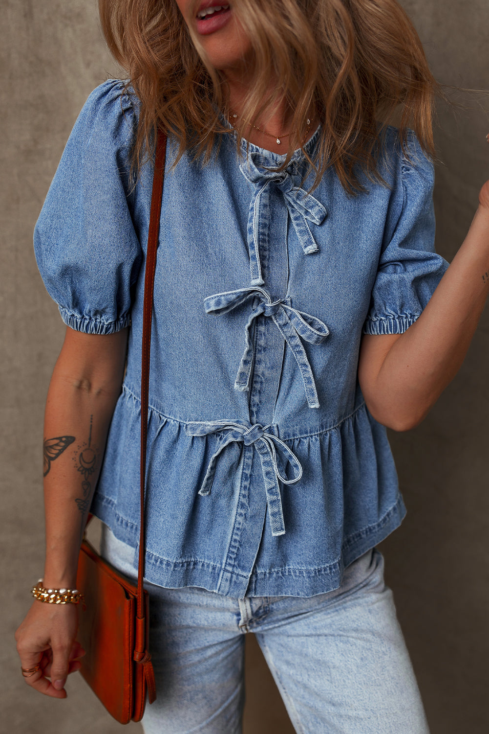 Blue Bow Front Bubble Sleeve Peplum Denim Shirt