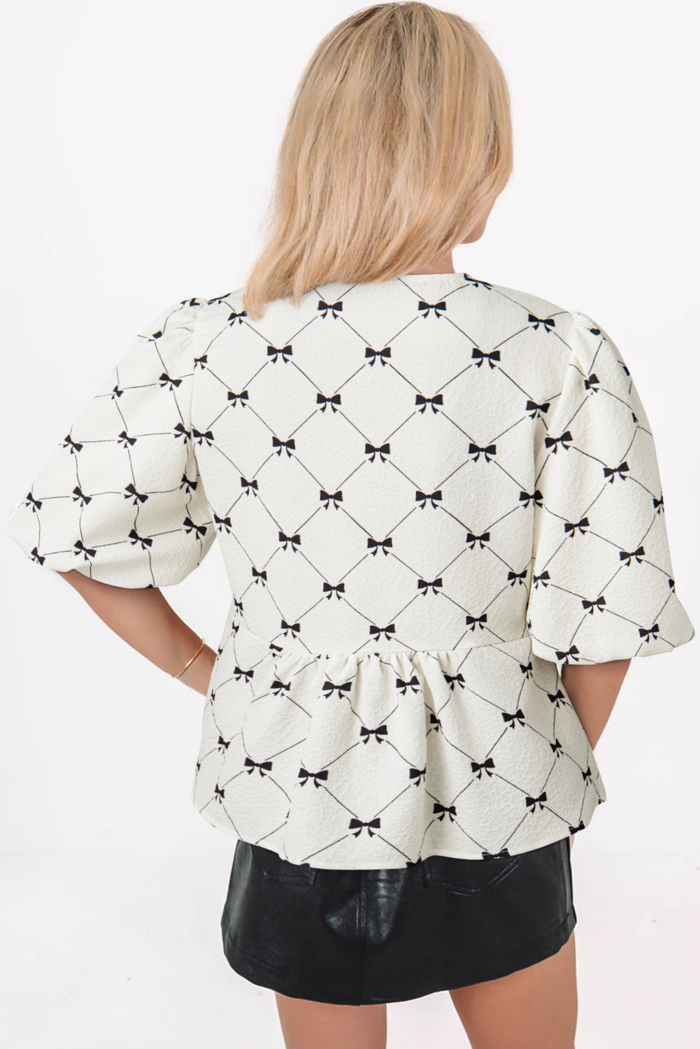 White Bow Print Front Tie Bubble Half Sleeve Blouse