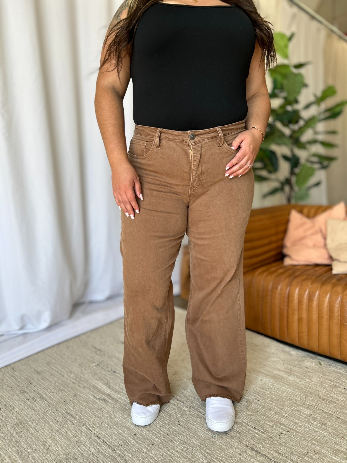 Brown Plus Size High Rise Wide Leg Jeans
