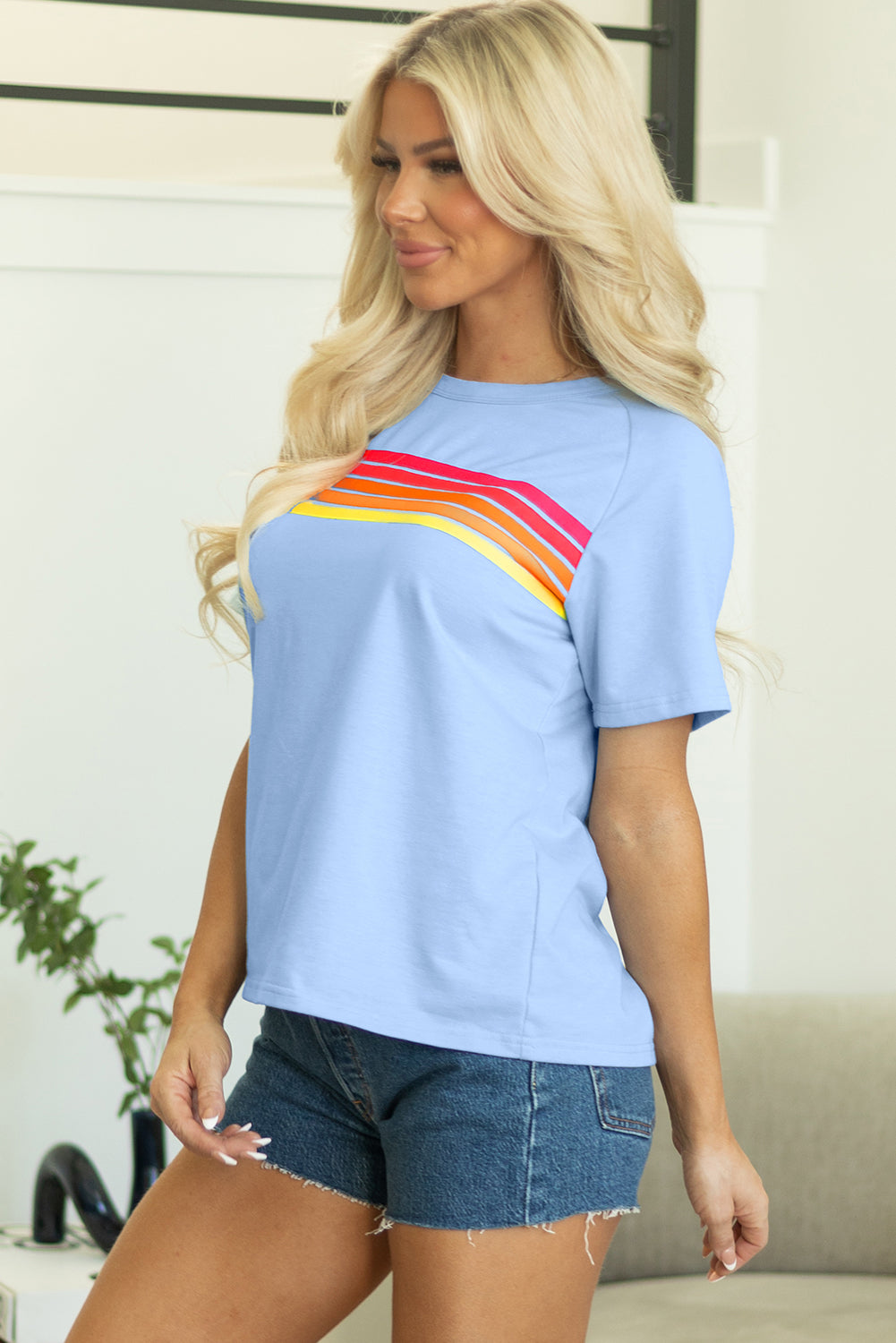 Light Blue Striped Front Casual Tee
