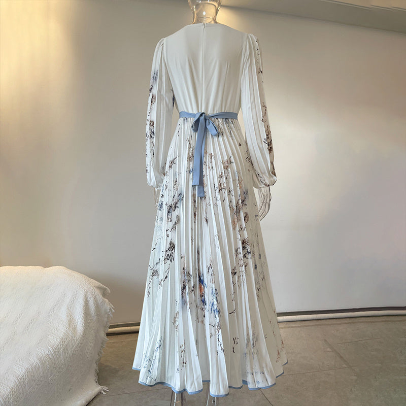 Blue Floral V-Neck Long Sleeve Maxi Dress