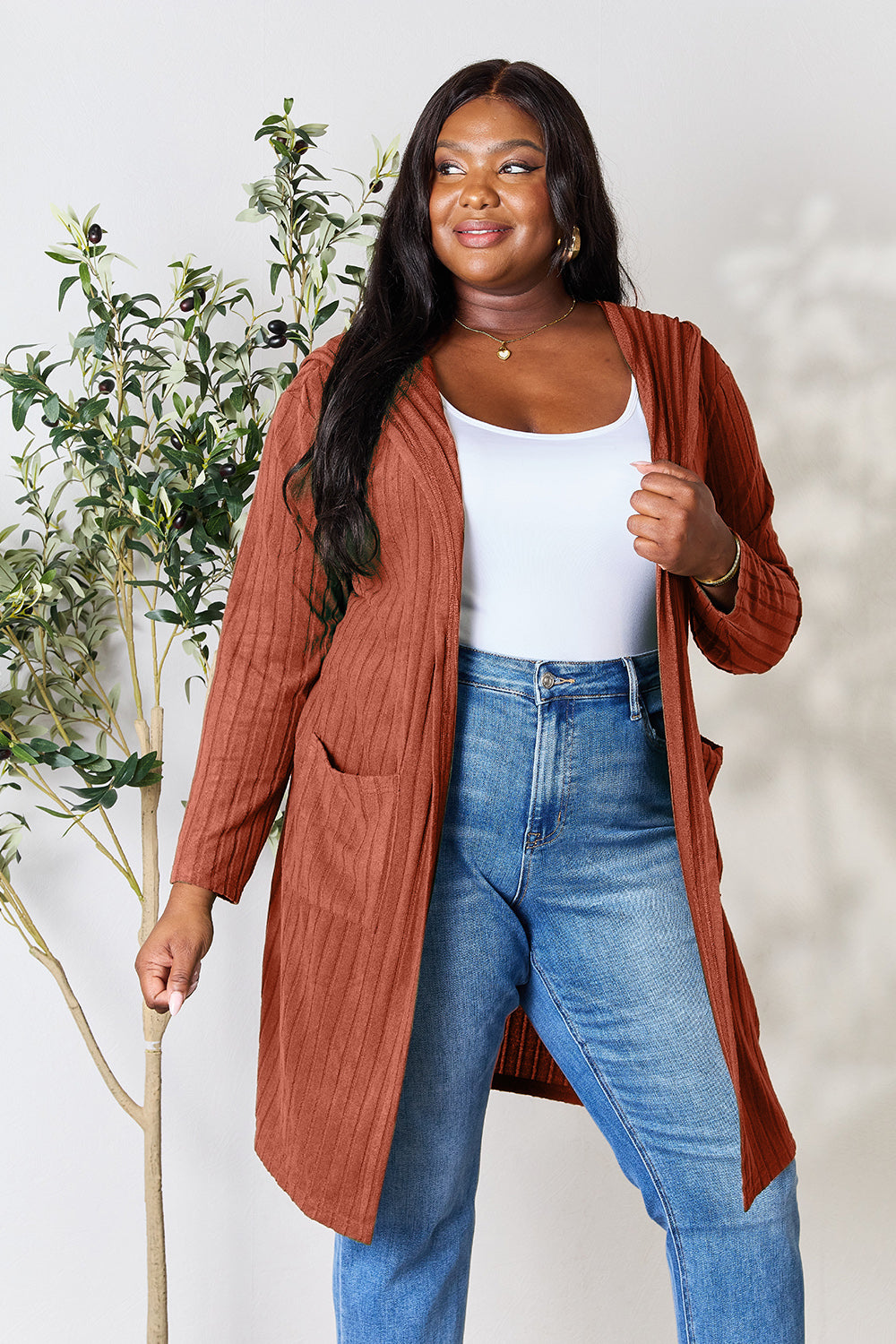 Plus Size Long Hooded Sweater Cardigan