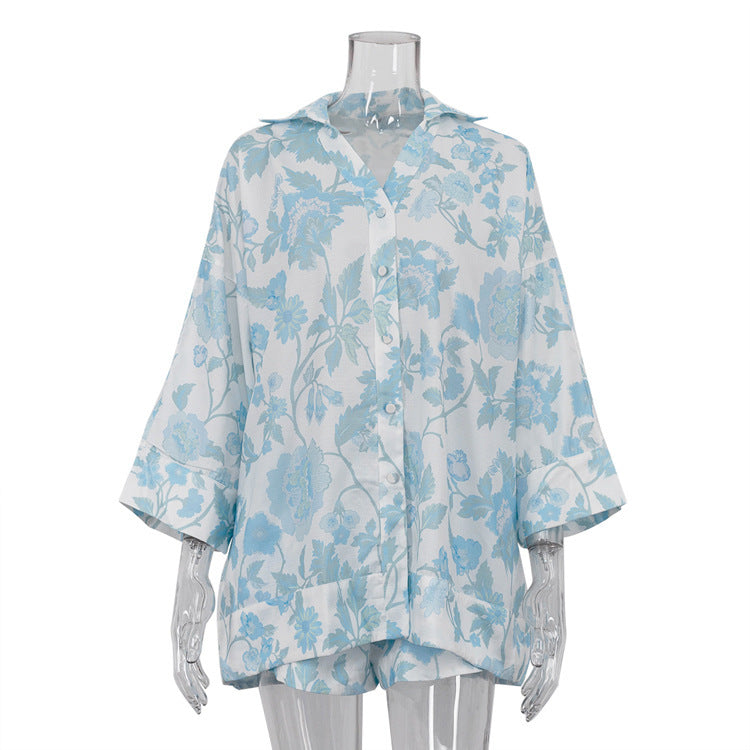 Blue Flower Loose Long Shirt Dress with Wide Leg Belted Shorts Set