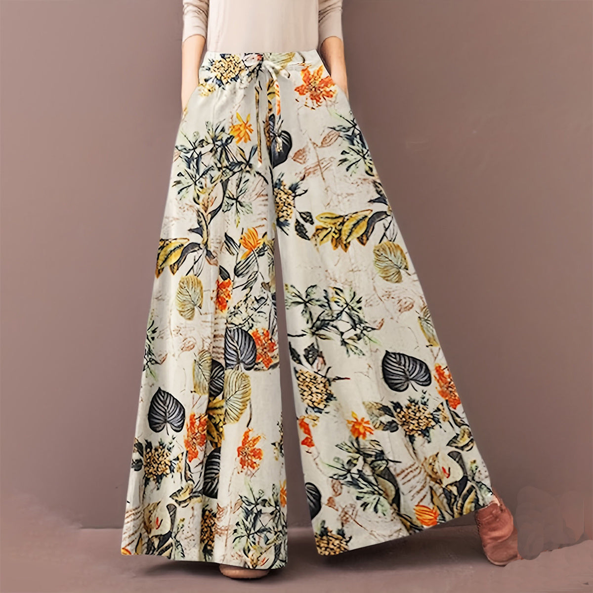 Botanical Print Loose Wide Leg Pants