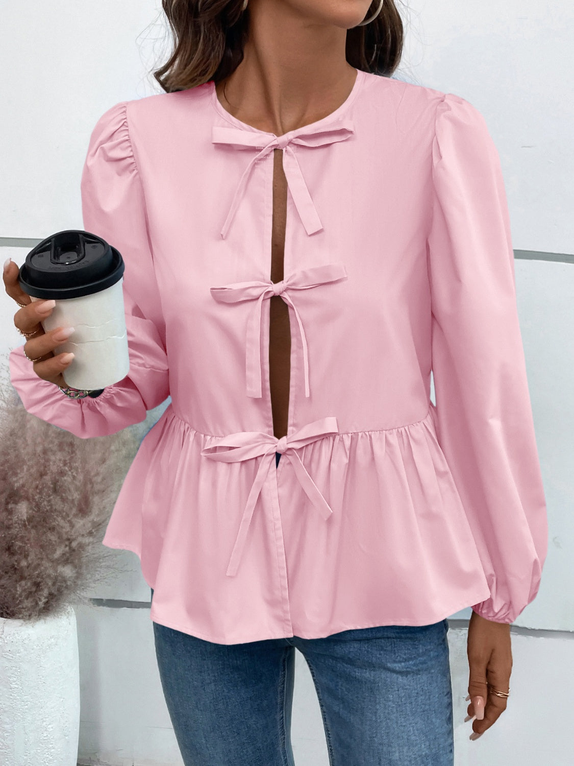 Leopard Peplum Tied Long Sleeve Blouse
