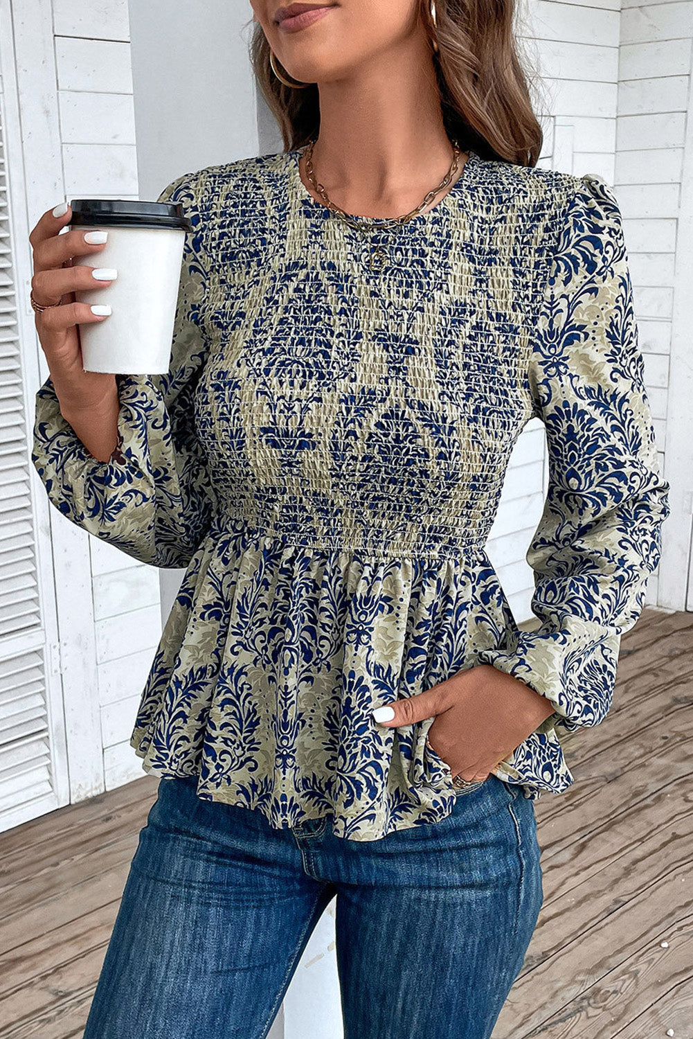 Blue Boho Smocked Peplum Blouse