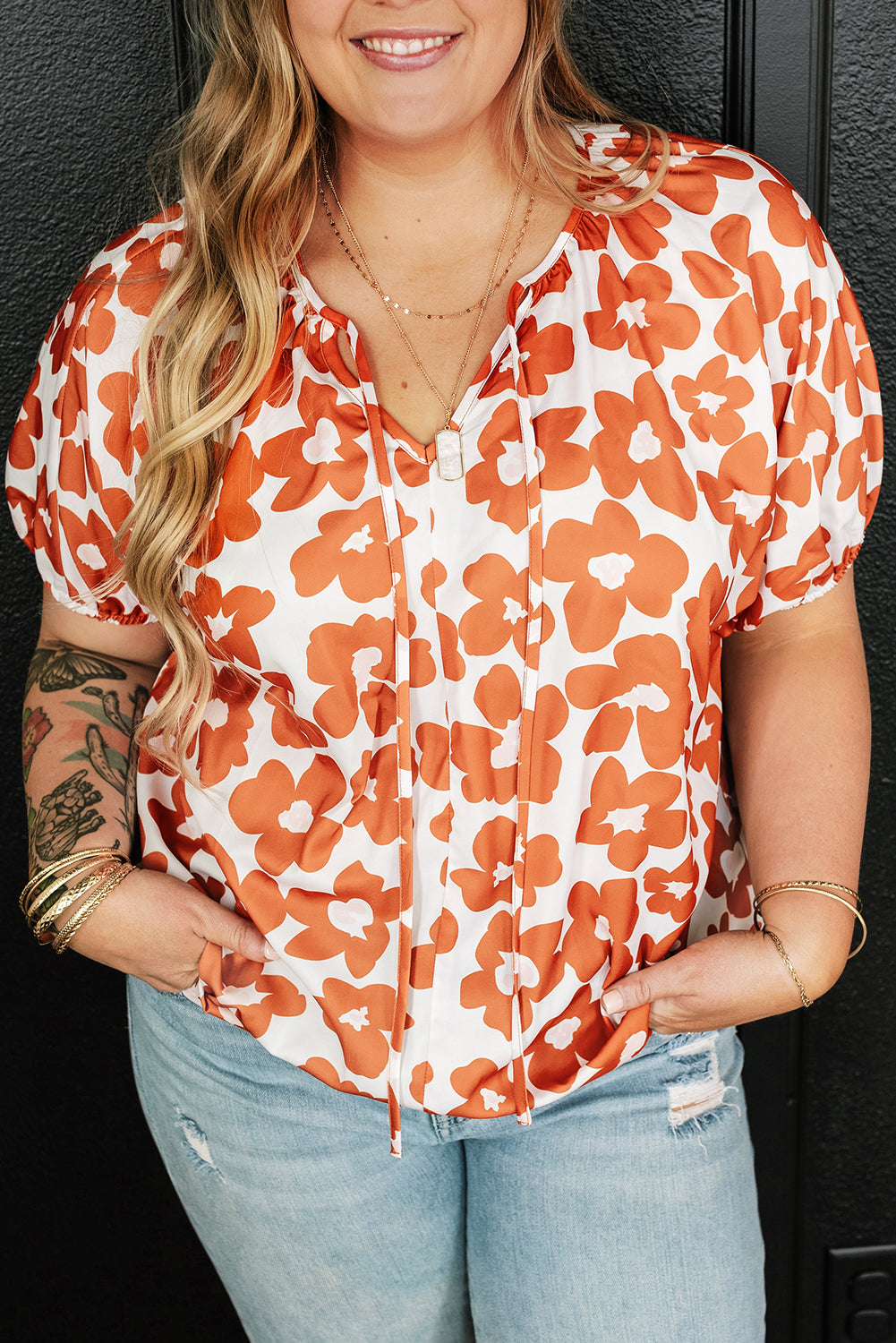 Orange Big Flower V Neck Short Sleeve Blouse