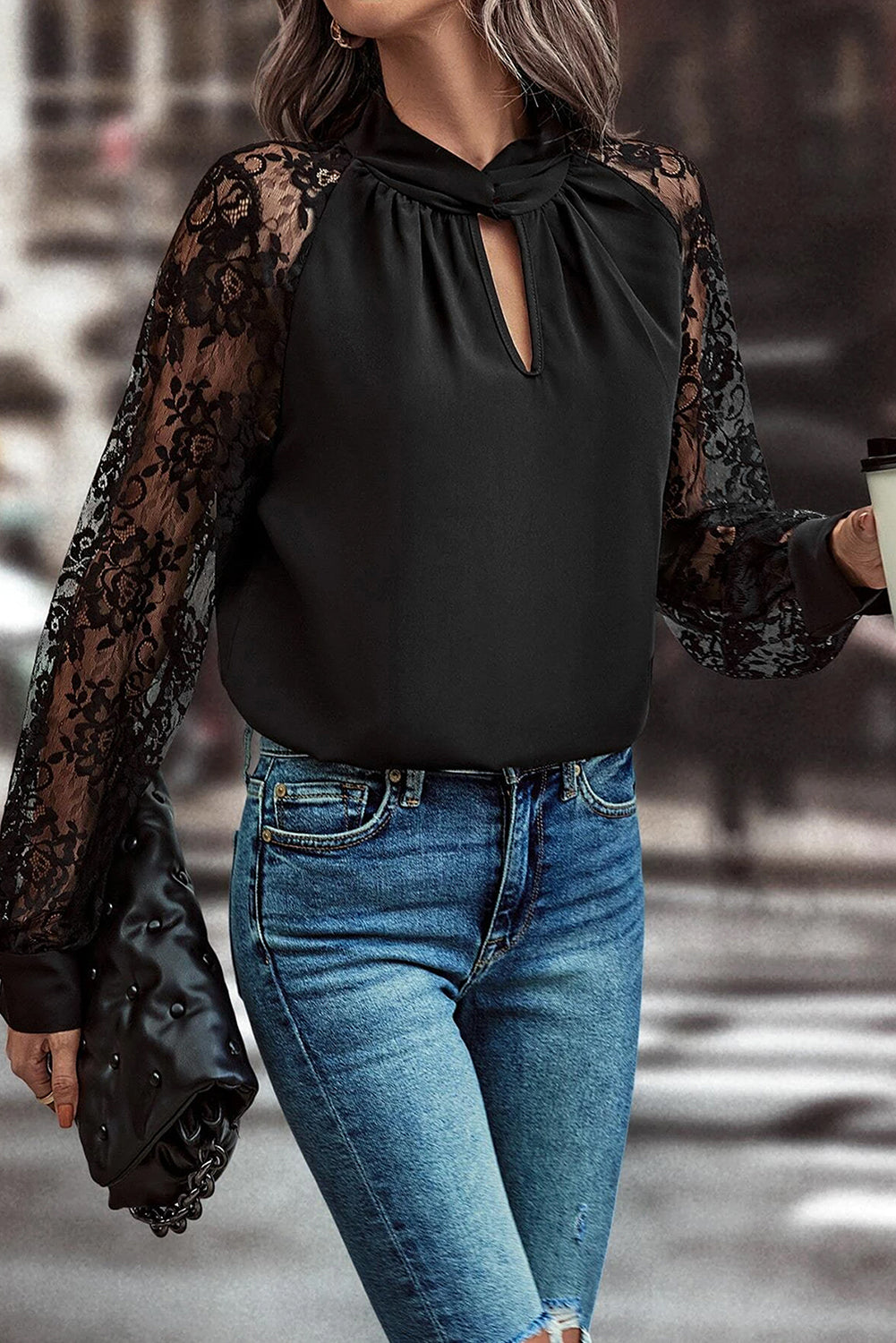 Black Lace Raglan Sleeve Blouse