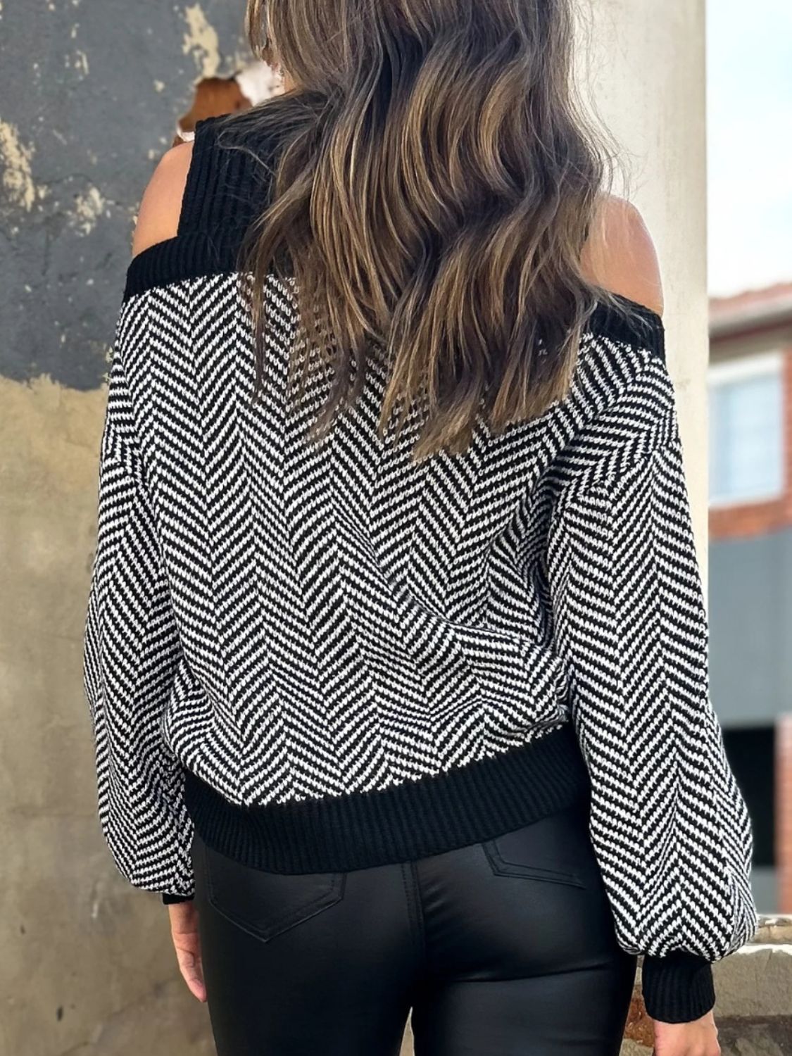 Mock Neck Cold Shoulder B&W Herringbone Sweater