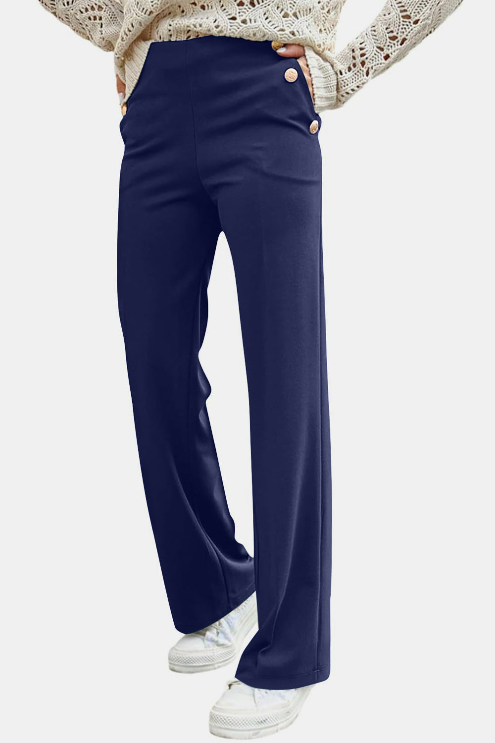 Decorative Side Button High Rise Pants