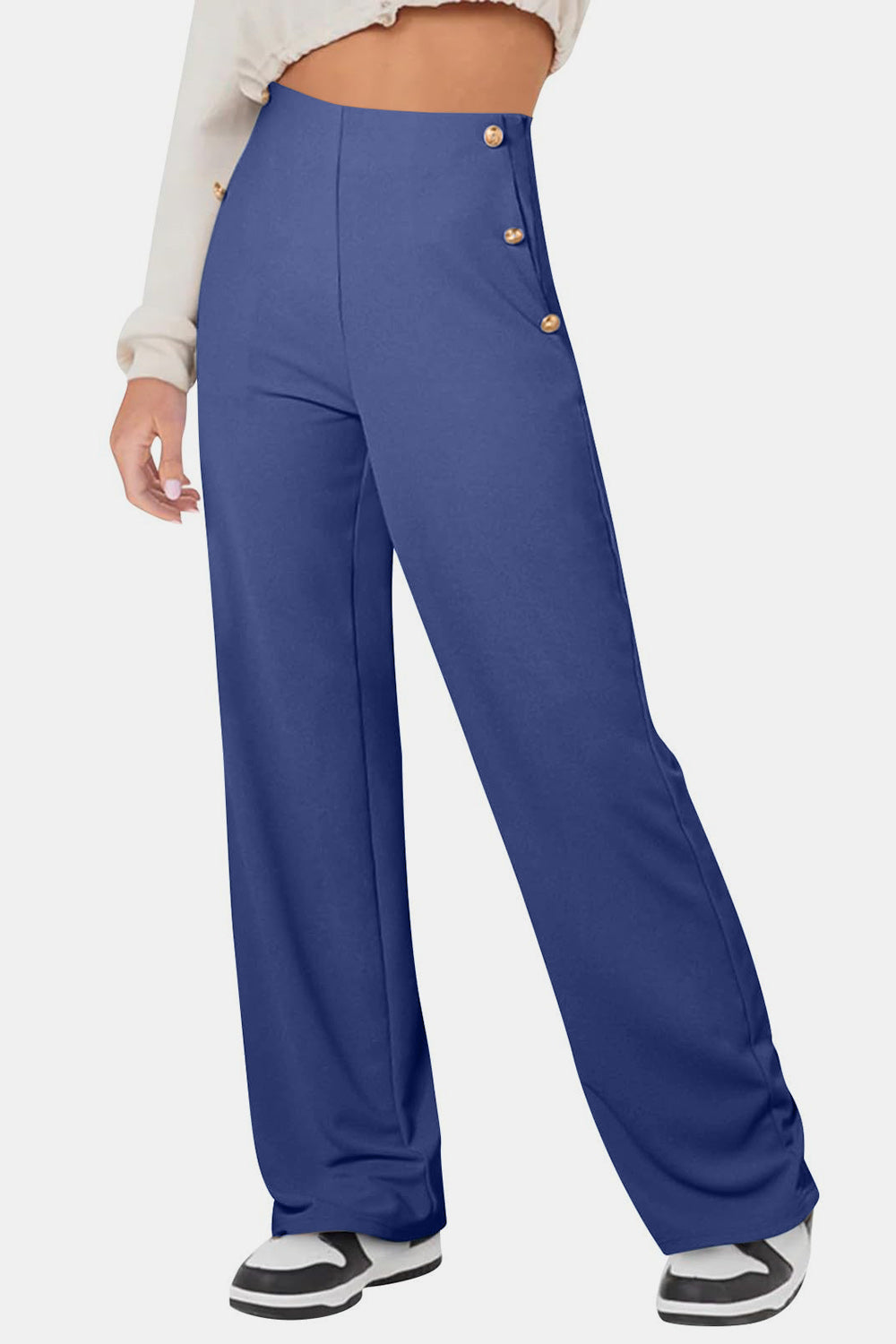 Decorative Side Button High Rise Pants