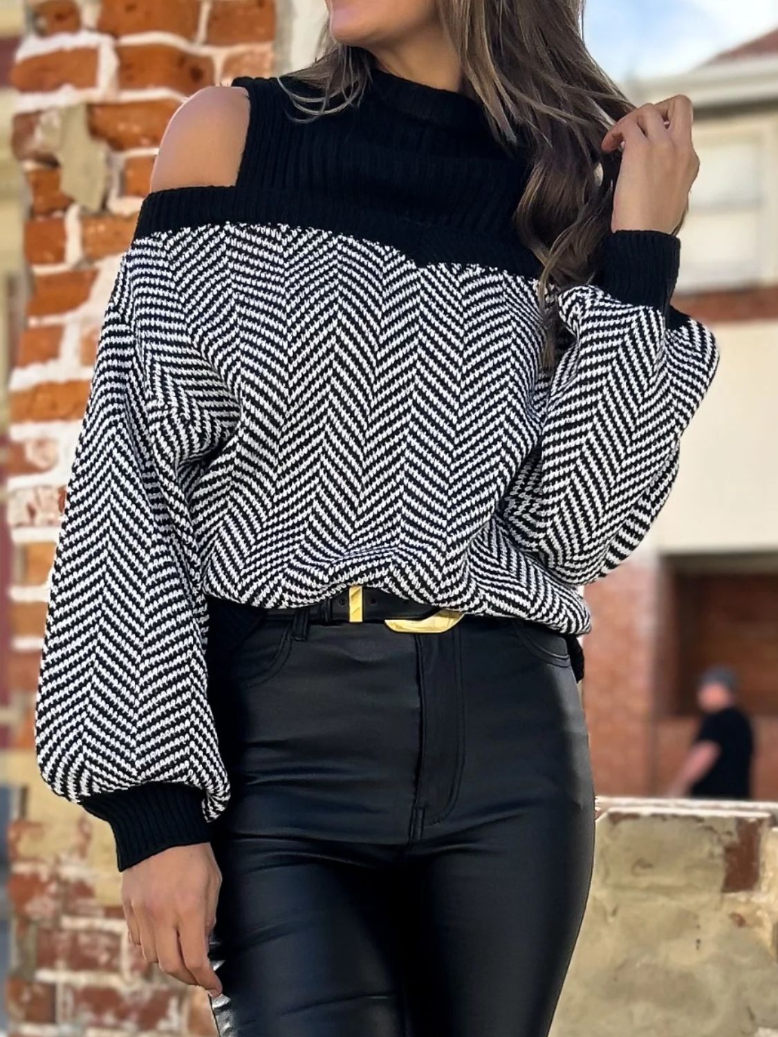 Mock Neck Cold Shoulder B&W Herringbone Sweater