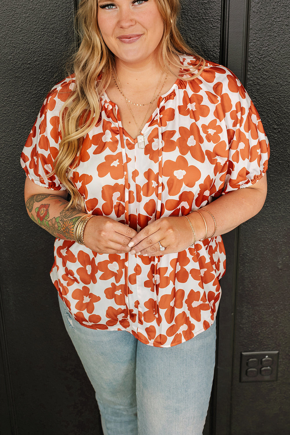 Orange Big Flower V Neck Short Sleeve Blouse
