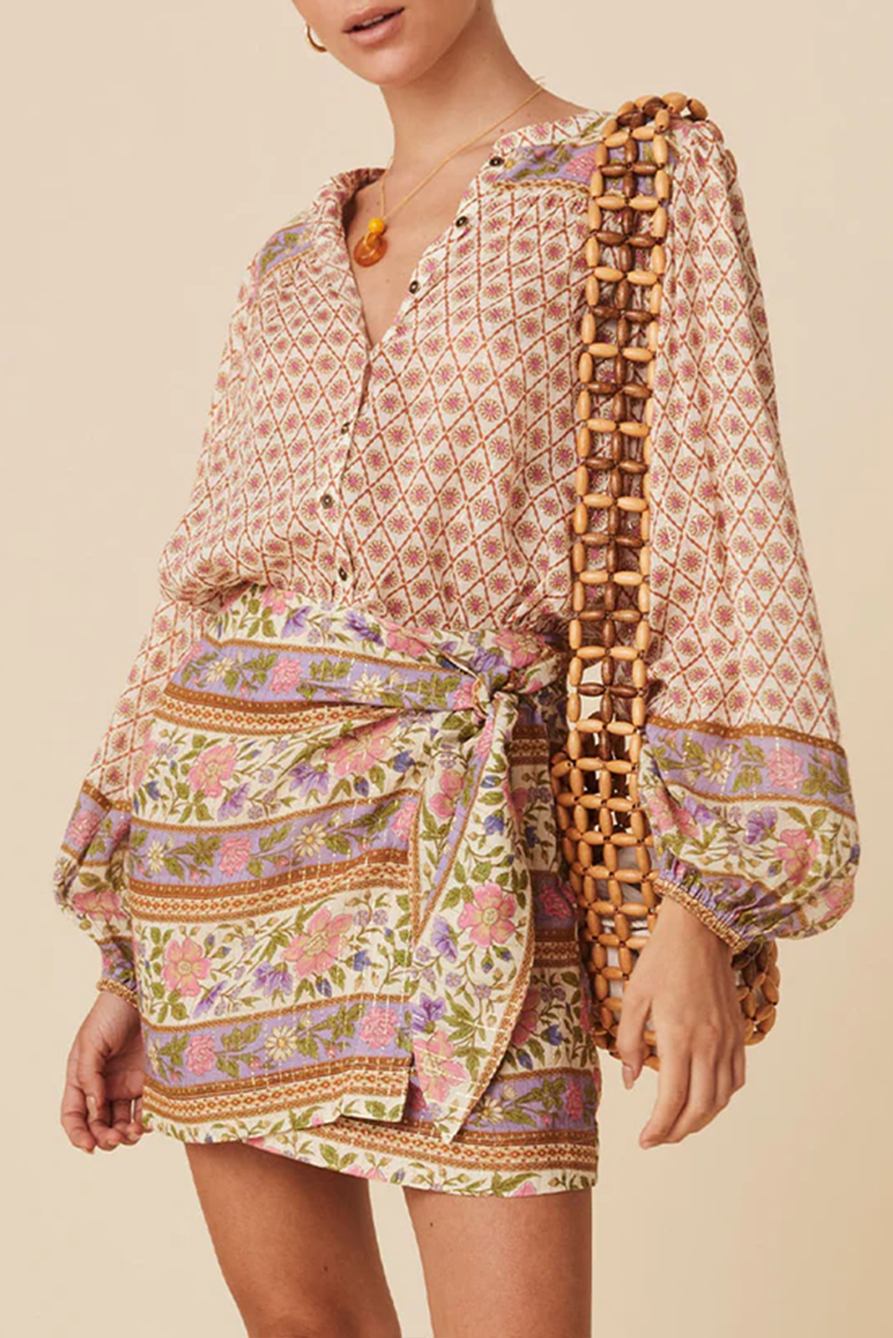 Boho Mixed Print Puff Sleeve Blouse