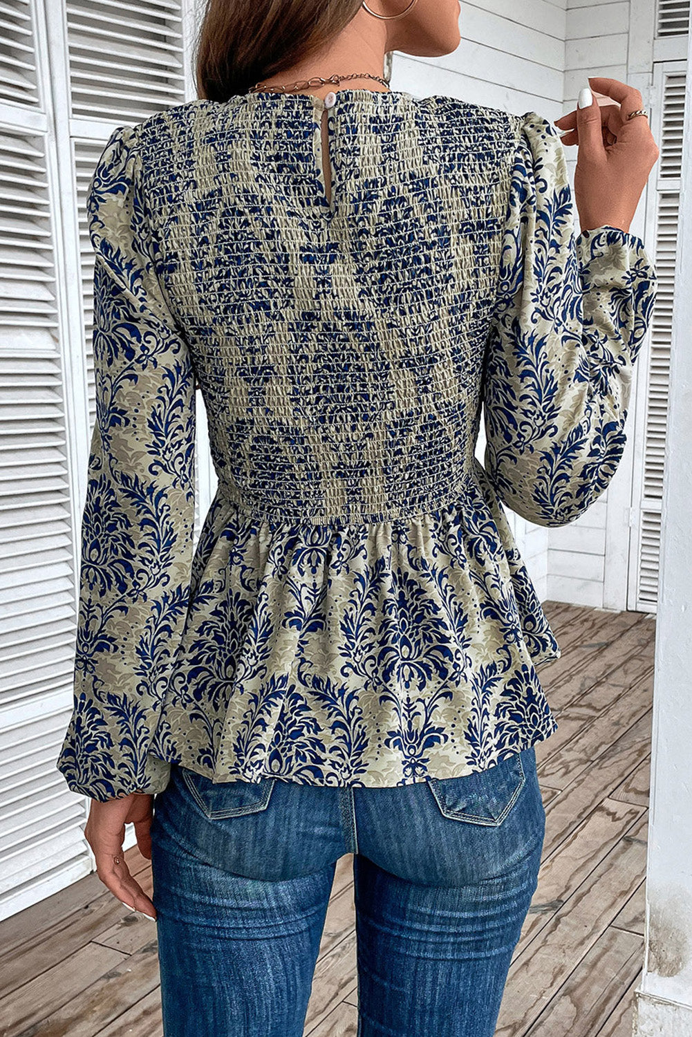 Blue Boho Smocked Peplum Blouse