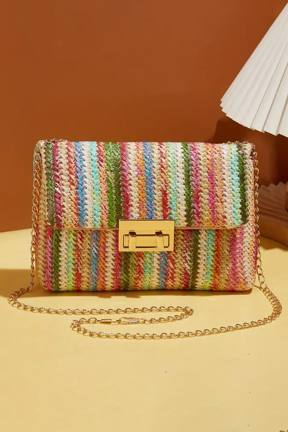 Rainbow Stripe Bohemian Woven Gold Chain Shoulder Bag