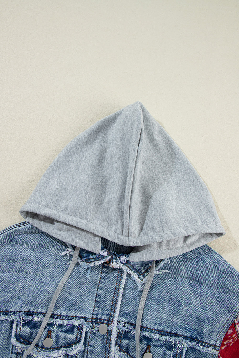 Blue Denim with Red Plaid Patchwork Hooded Raw Hem Jacket