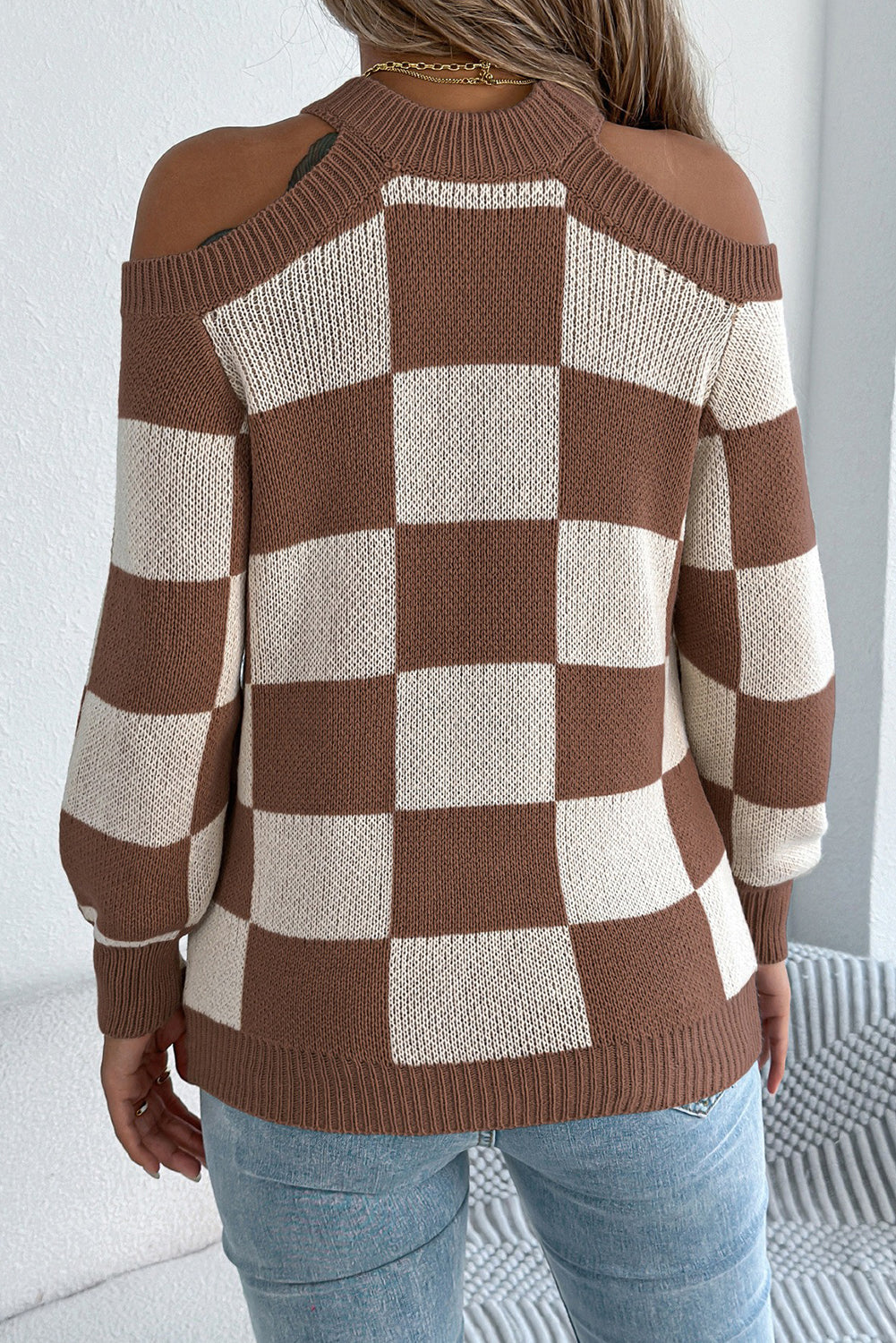 Brown Checkered Cold-Shoulder Sweater