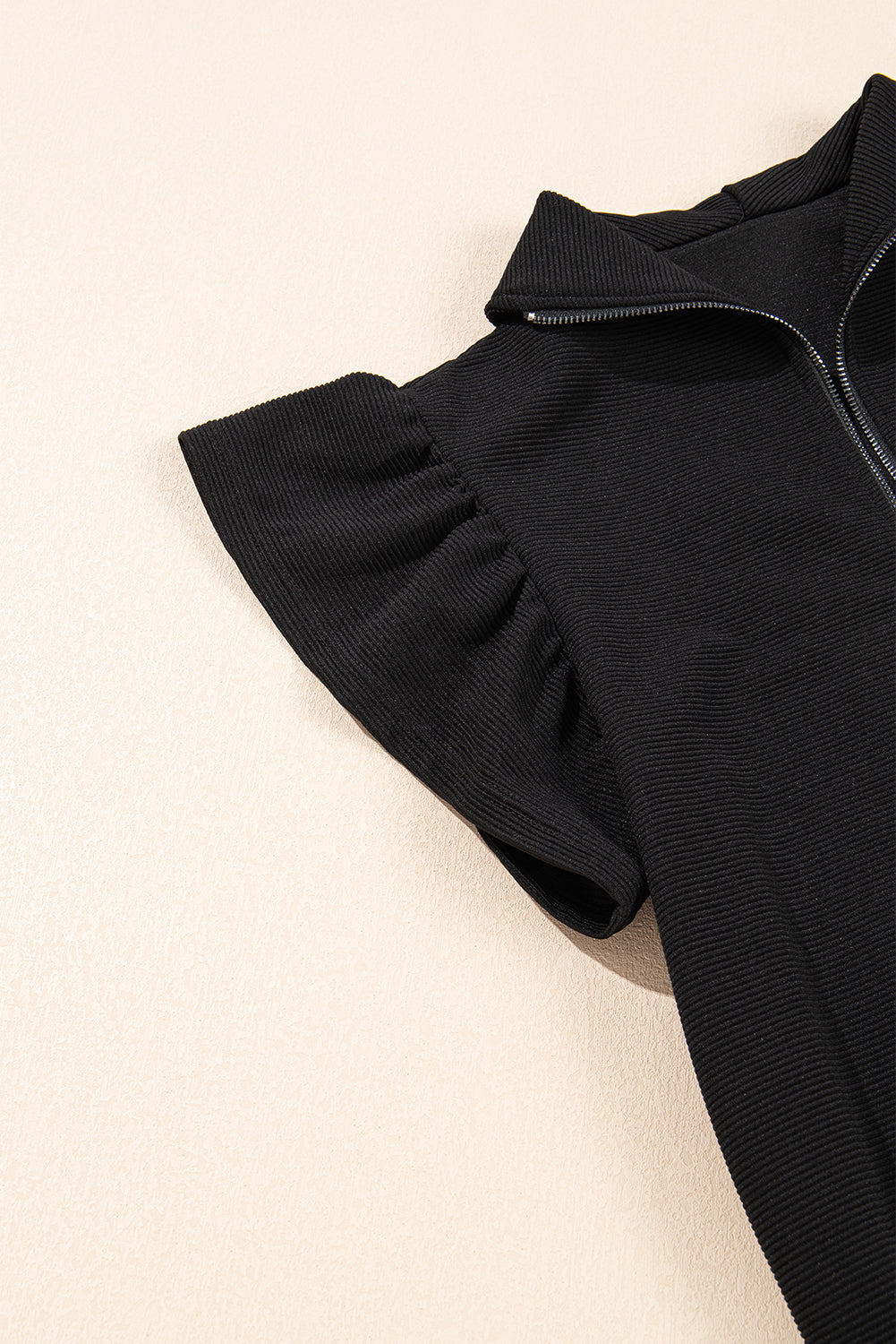 Black Textured Flutter Sleeve Zipped Top and Wide Leg Capris Set