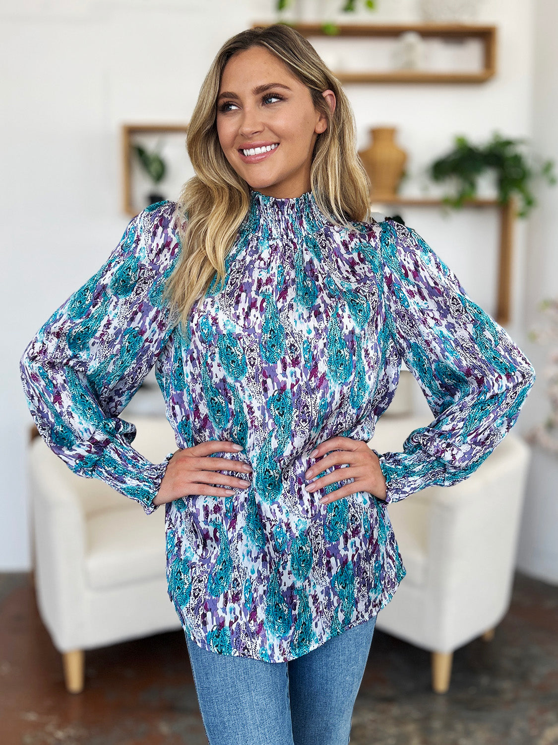 Abstract Smocked High Neck Long Sleeve Blouse