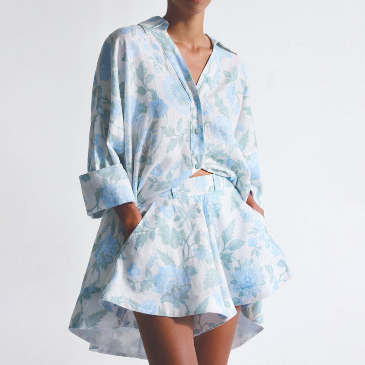 Blue Flower Loose Long Shirt Dress with Wide Leg Belted Shorts Set