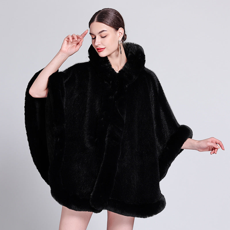 Faux Fur Collar Fleece-lined Cloak
