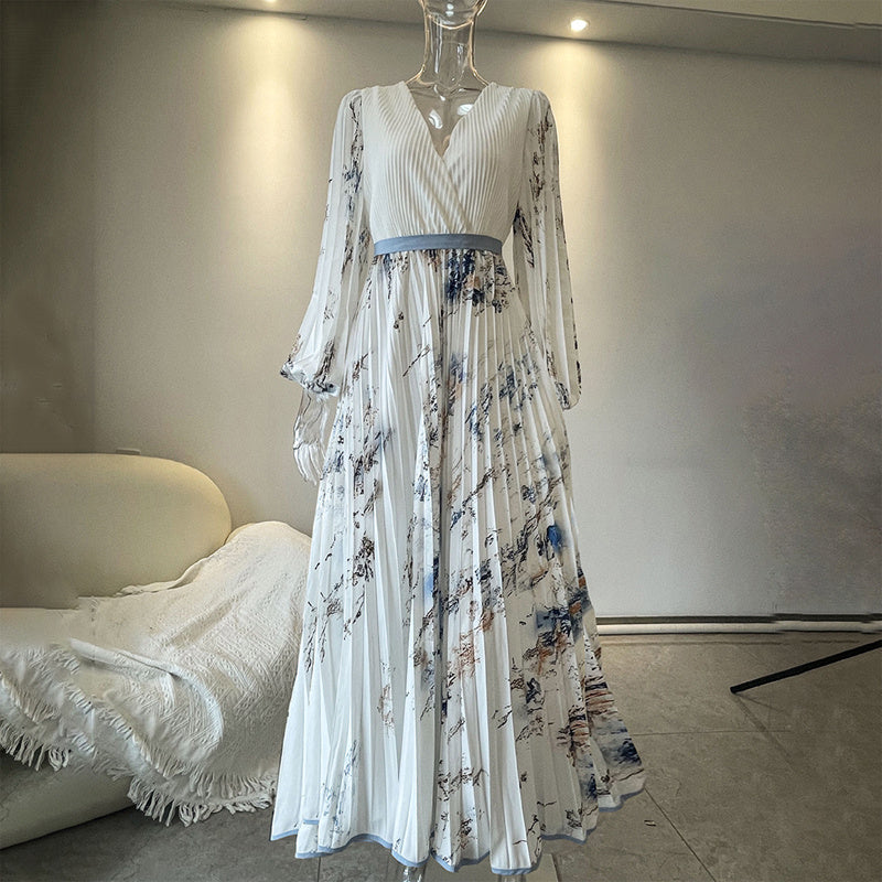 Blue Floral V-Neck Long Sleeve Maxi Dress