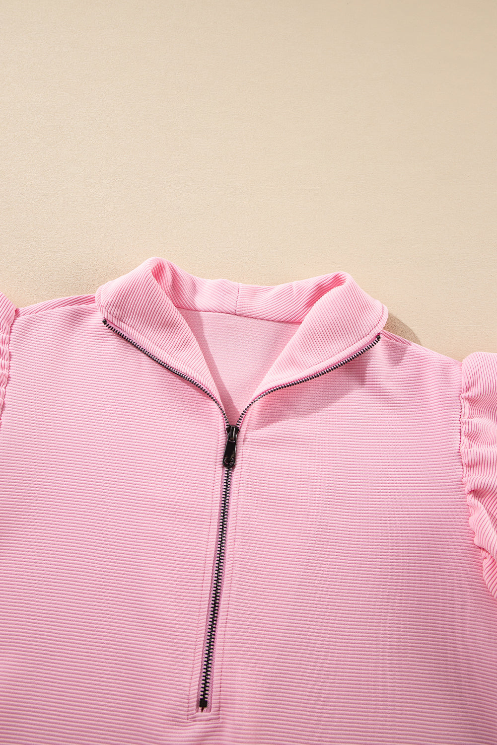 Pink Textured Flutter Sleeve Zipped Top and Wide Leg Capris Set