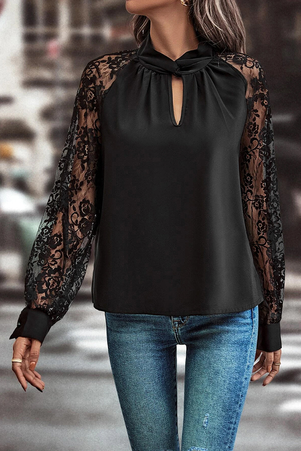 Black Lace Raglan Sleeve Blouse