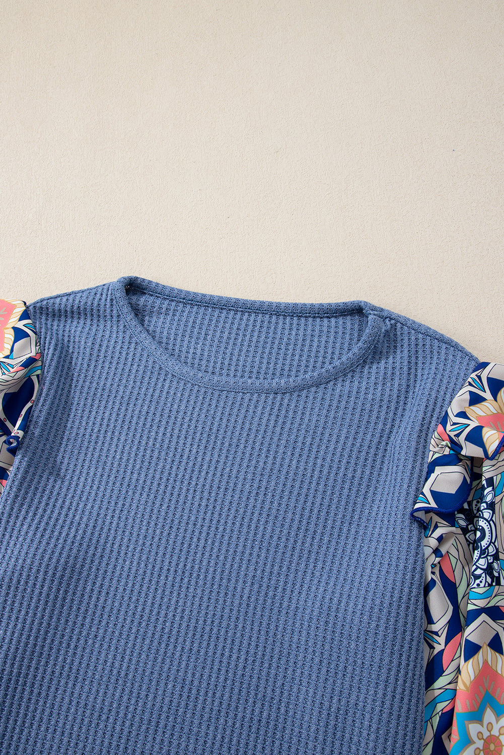 Blue Floral Sleeve Waffle Knit Blouse