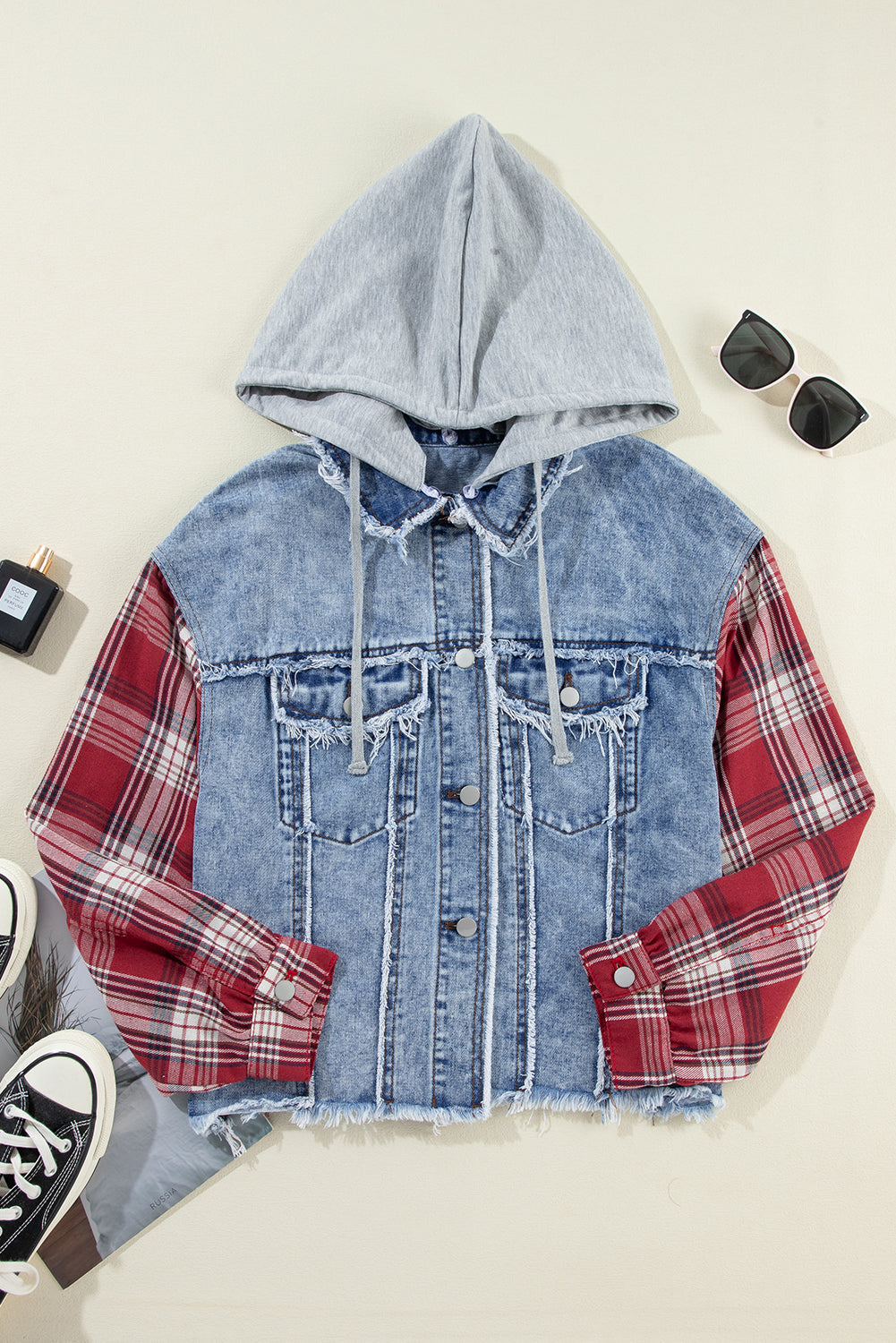 Blue Denim with Red Plaid Patchwork Hooded Raw Hem Jacket