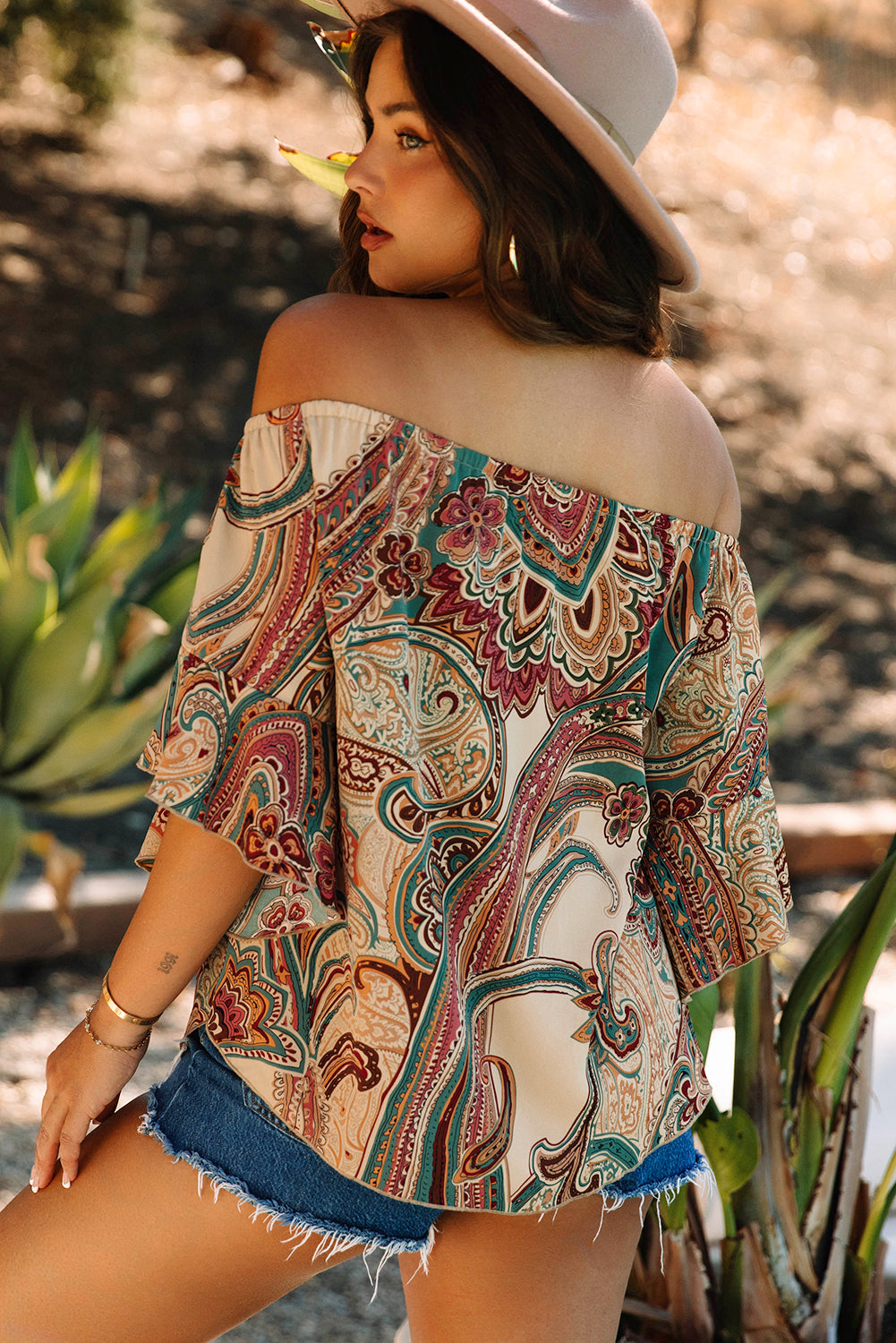 Apricot Paisley Off Shoulder Ruffled Blouse