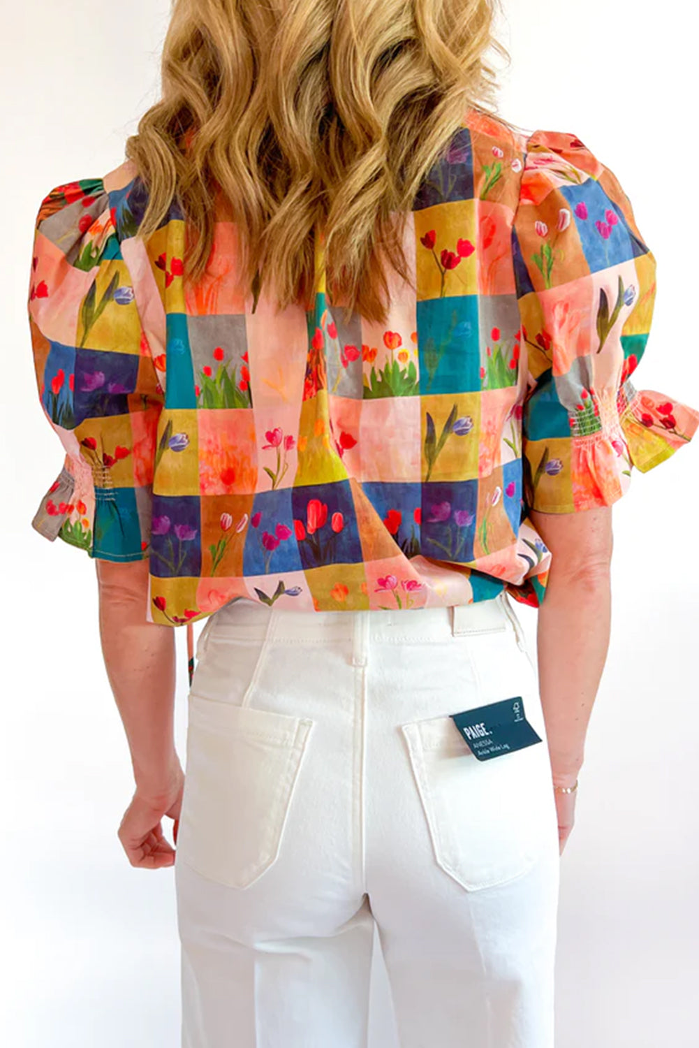 Multicolour Floral Checker Print Ruffled Half Puff Sleeve Blouse